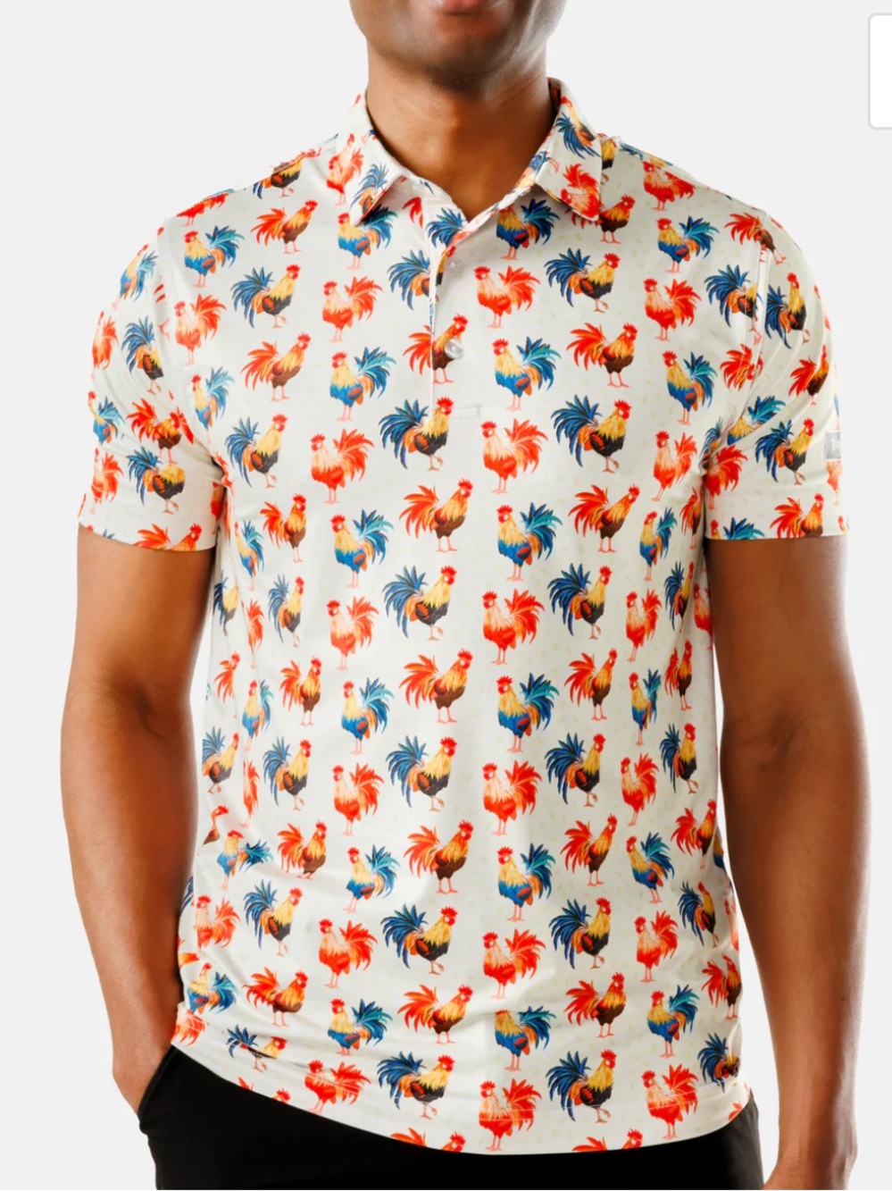 Waggle Short-Sleeve Rooster Print golf Polo Shirt - Cream/Multicolor size L